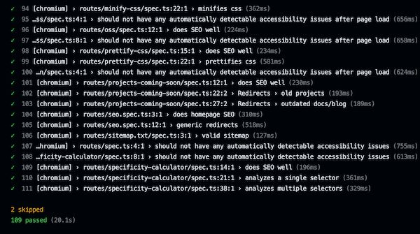 An excerpt of Playwright's test output showing all green test results